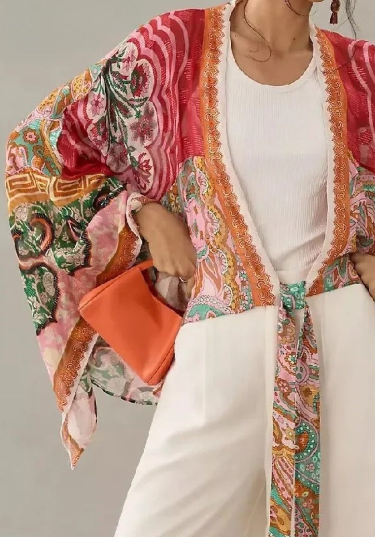 Kimono court rouge cache-cœur bohème