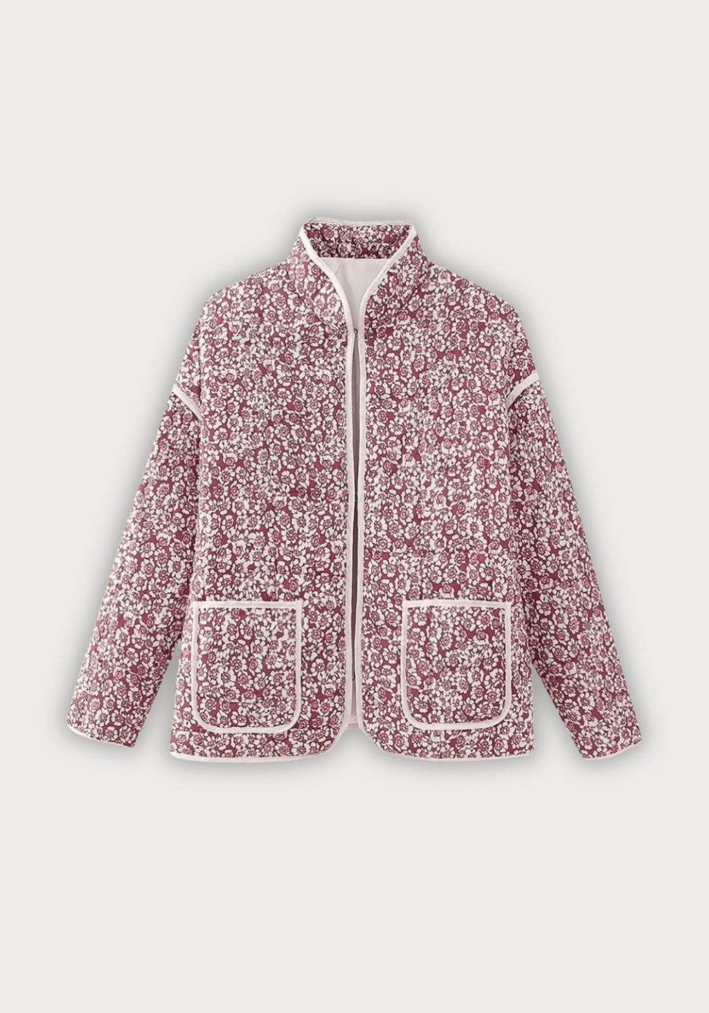 Veste matelassée fleurie prune Sumire vue de face, à plat