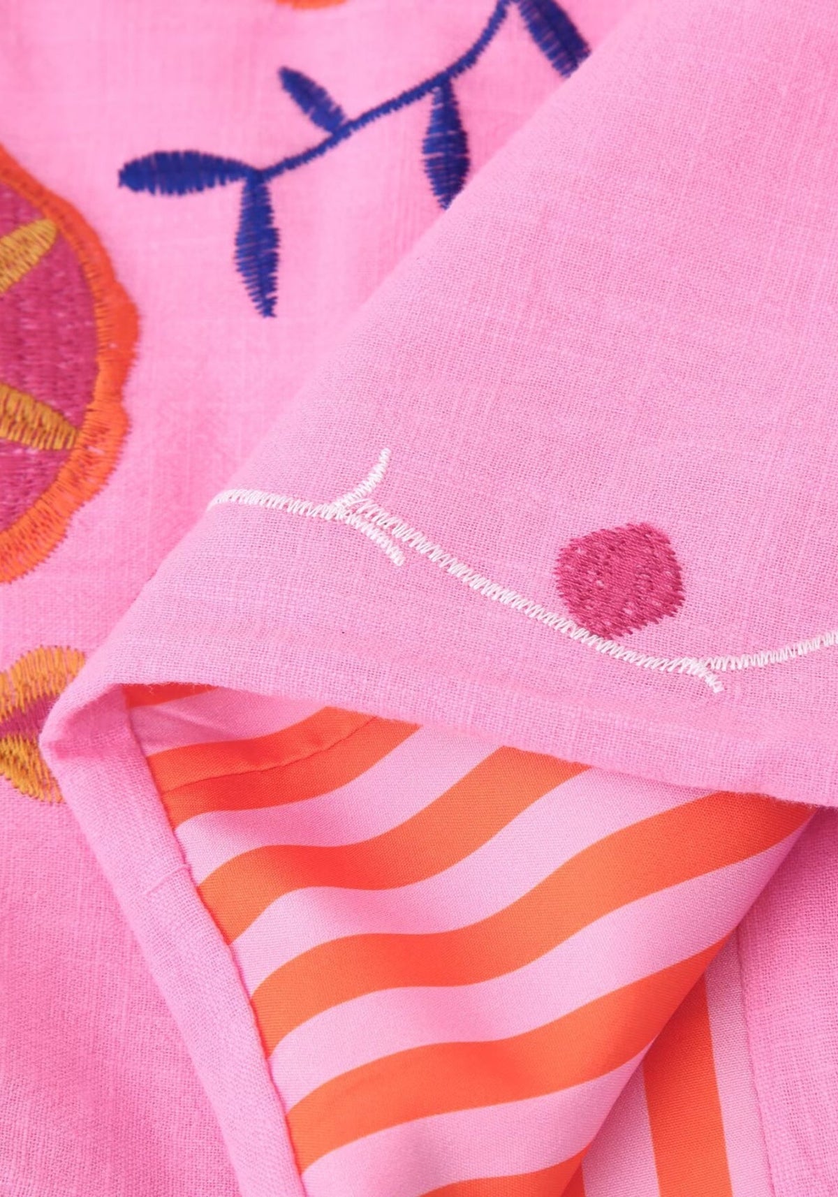 Zoom sur les motifs brodés turquoise et orange sur la manche du kimono Hanae